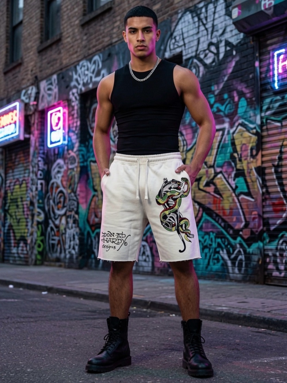 NWT Ed Hardy Men's Ivory Graphic Sweat Shorts Graphic Print Drawstring Pockets